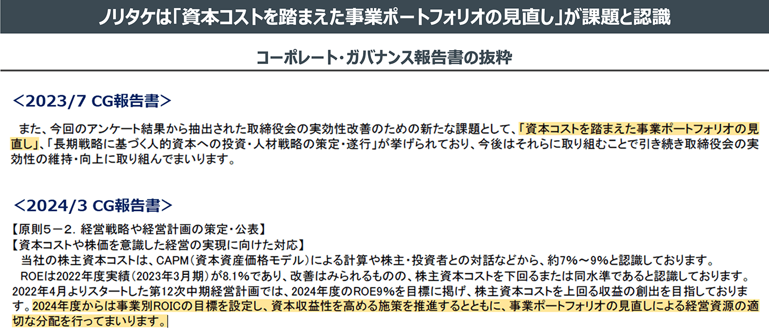 ノリタケは「資本コストを踏まえた事業ポートフォリオの見直し」が課題と認識